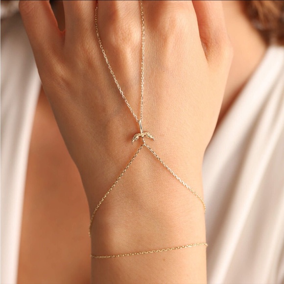 Dainty 14k Solid Rose Gold Chain Angel Hand Bracelet - Picture 3 of 5